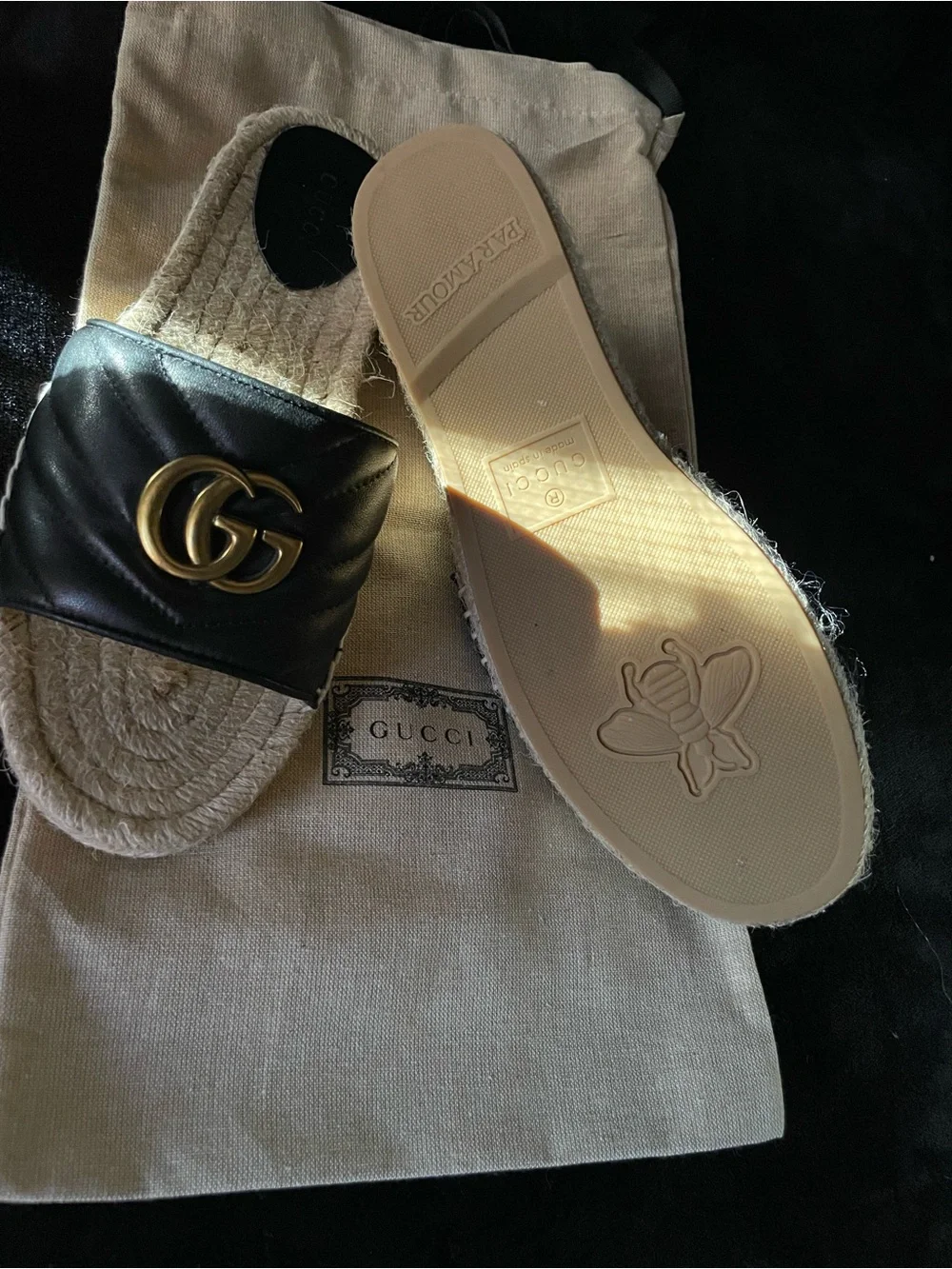Gucci Black Leather Espadrille Slides with Gold GG